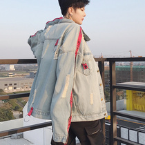 Cowboy coat men 2018 Spring Autumn Tide Korean version of loose fashion handsome students Joker coat hole