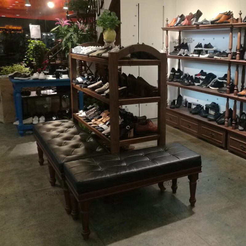 Shoe Store Trial Shoes Bench Retro Clothing shop Strip Square Sofa Stool type solid wood leather stool Stool Tailstool Tailstool for shoe-changing stool