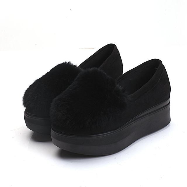 Thick-soled hairy shoes, fashion platform shoes, women's slope heel fall/winter new style single shoes, women's laces, wool non-slip all-match peas shoes