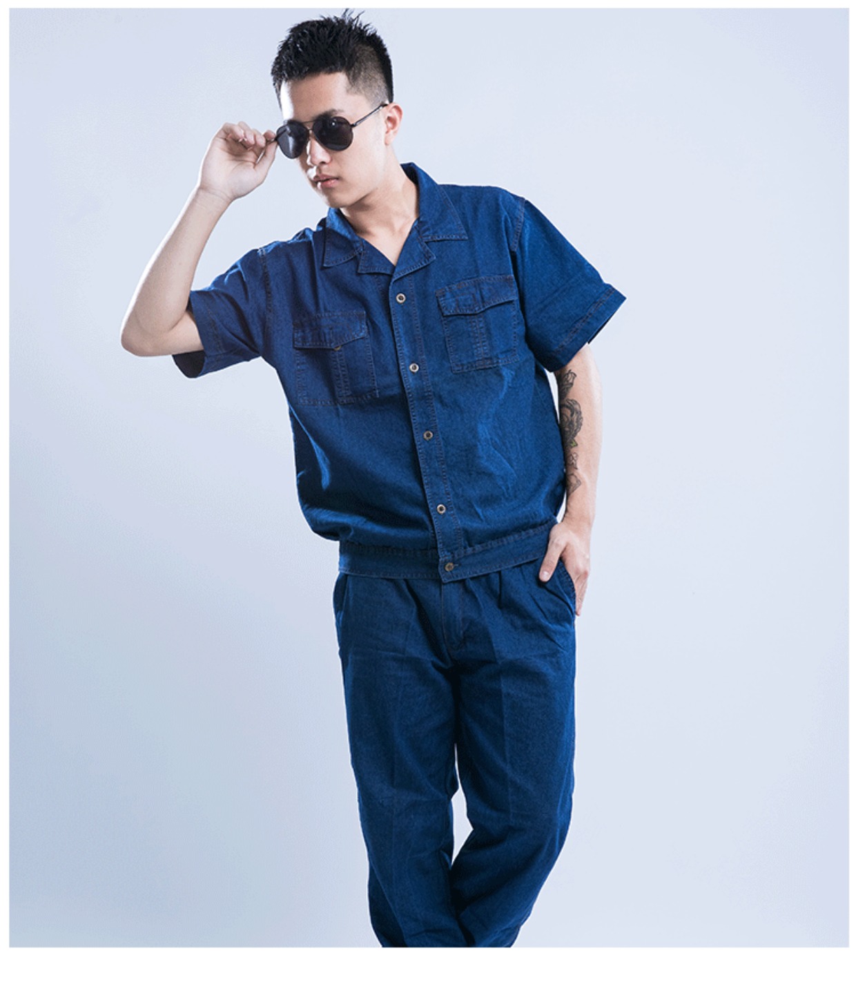 Quần yếm denim mùa hè phù hợp với nam giới mặc phần mỏng hàn bảo vệ quần áo xưởng xưởng dụng cụ dịch vụ nhà máy quần bò nam