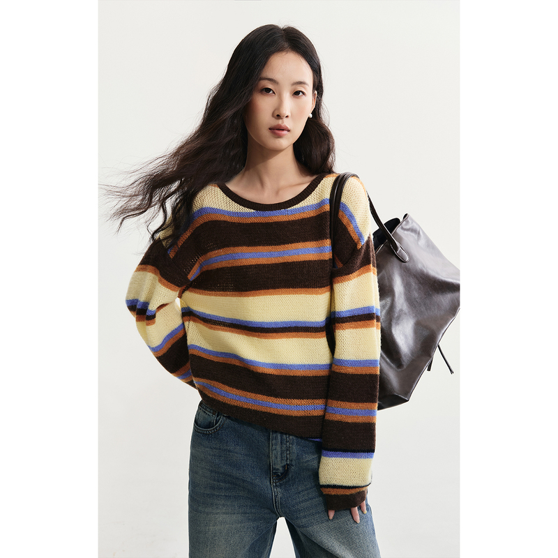 【Coastal Dusk】Caremind Atmospheric Retro Color-Blocked Striped Sweater Soft and Cozy Long-Sleeve Knit Top 【Coastal Dusk】Caremind Atmospheric Retro Color-Blocked Striped Sweater Soft and Cozy Long-Sleeve Knit Top