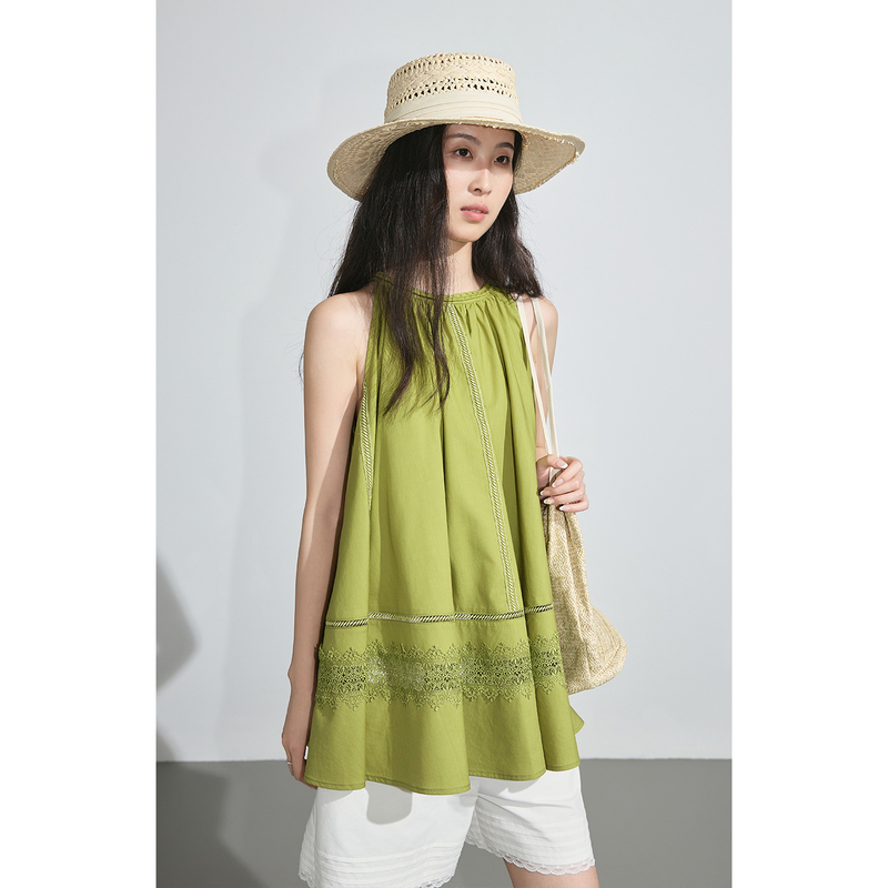 [Classic Forest] Caremind Mustard Green Halter Neck Sleeveless Vest with Lace Splicing Vacation Style Camisole Top