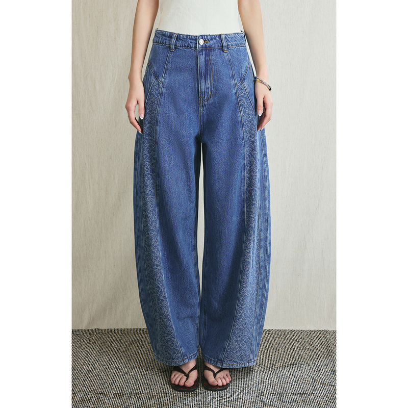 【Granite Jeans】Caremind Side Embroidered Denim Lantern Pants Wide-Leg Distressed Washed Blue Casual Pants 【Granite Jeans】Caremind Side Embroidered Denim Lantern Pants Wide-Leg Distressed Washed Blue Casual Pants