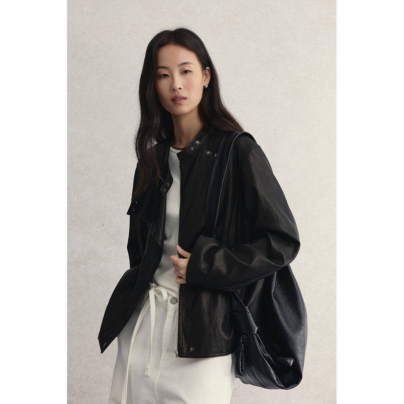 【Obsidian Leather Jacket】Caremind American Retro Diagonal Cut Cool Leather Jacket Short Versatile Jacket Coat for Autumn