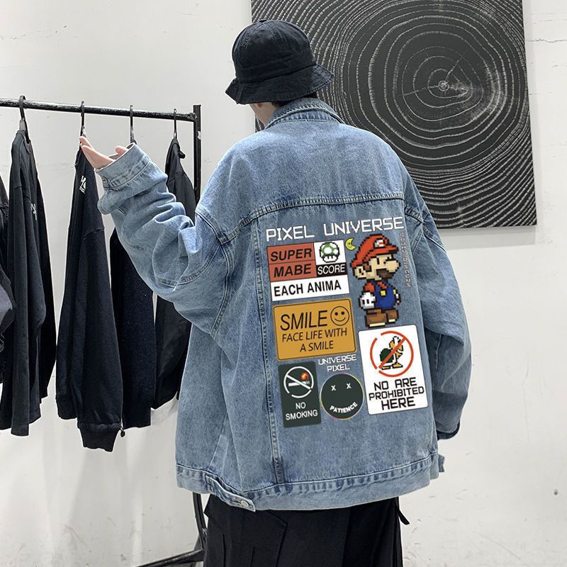 Plus Size 150kg Denim Jacket for Students, Men and Women, Trendy Brand Print, Spring and Autum Hiphop Couple Versatile Jacket ins