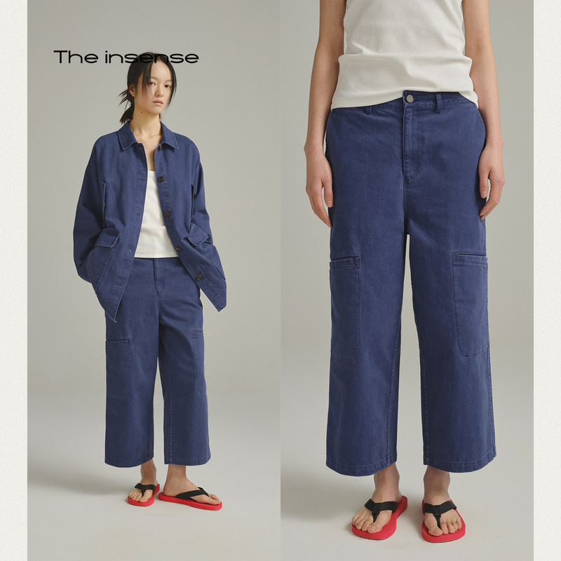 The Insense Lightweight and Comfortable All-Cotton Garment, Eco-Friendly Washed Vintage French Workwear Blue Cargo Pants