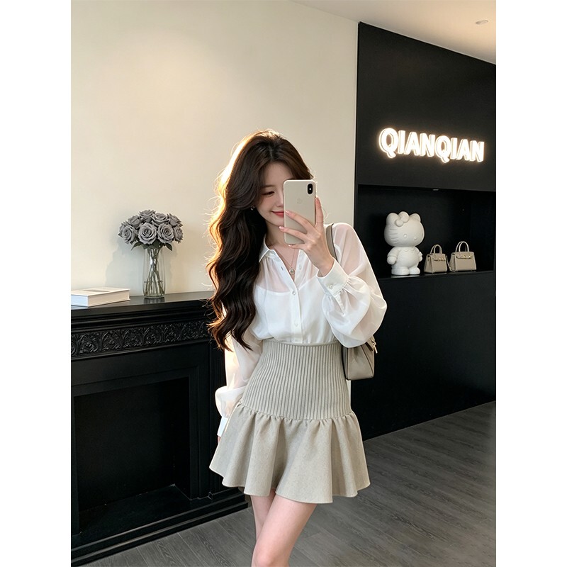 Korean-Style High-End Lantern-Sleeve Shirt Paired with a New Summer Pleated A-Line Skirt Set