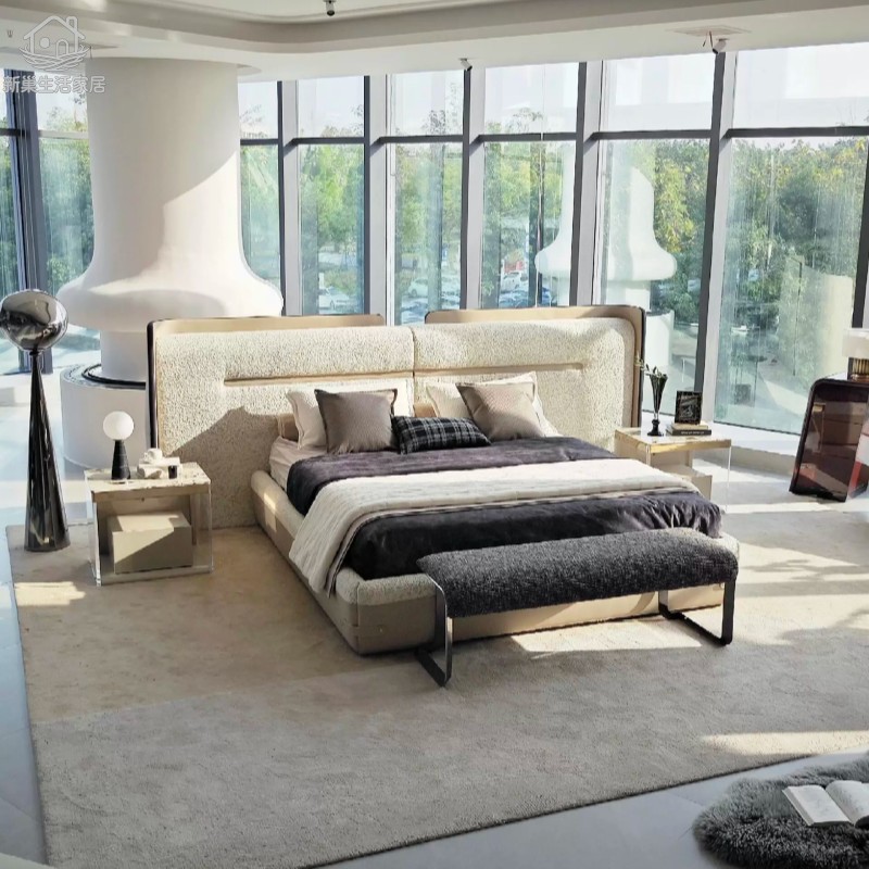 Italian Minimalist Teddy Velvet Wide-Screen Bed, Modern Light Luxury Master Bedroom Leather Fabric Upholstered Large Bed, Cream Style Double Wedding Bed