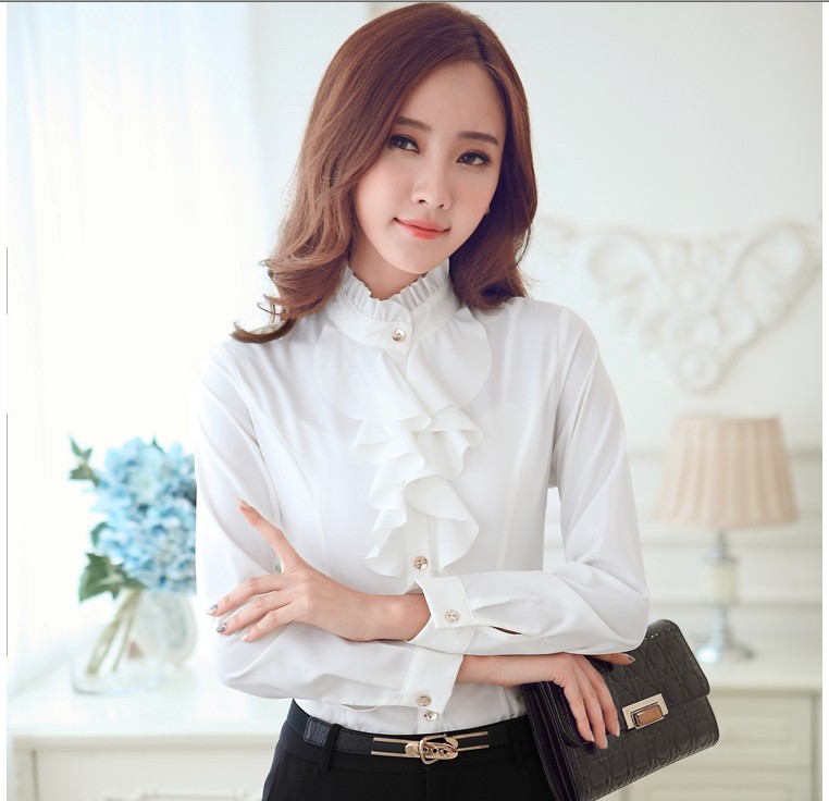 Chiffon stand-up collar ruffled corsage women's long-sleeved white shirt Women's professional wear overalls tooling shirt