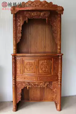 Mahogany shrine cabinet with door carved Shenlou shrine for table Chinese solid wood for table simple household Buddha cabinet retro
