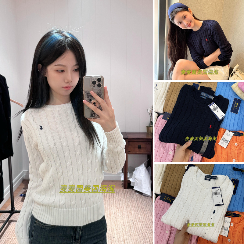 Ralph Lauren American Version Round Neck Knitted Sweater with Pony Logo Cotton Polo Slim Fit for Women
