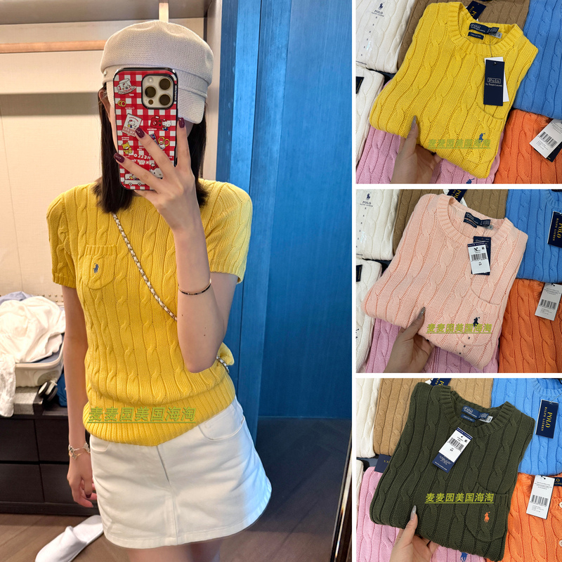Ralph Lauren American Version Round Neck Knit Short-Sleeve Pocket Sweater Cotton Polo for Women