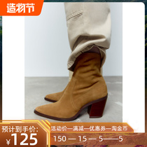 ZARA DTM2022 autumn new womens shoes sand brown cow suede high-heeled ankle boots western cowboy boots