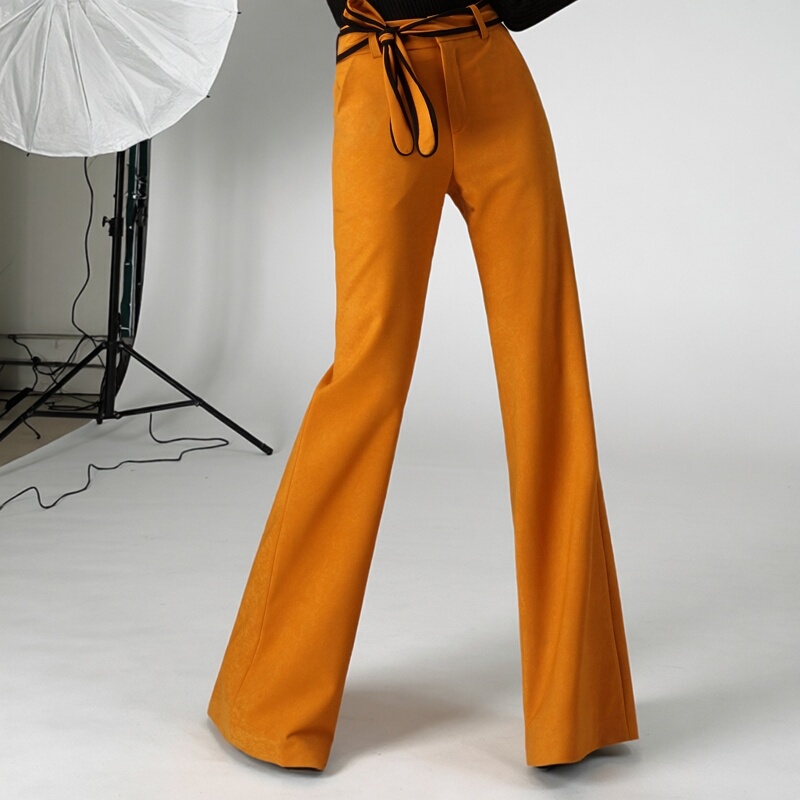 Yellow Spring and Autumn Belted Wide-Leg Pants High-Waisted Versatile Hip-Hugging Fashionable Casual Women's Loose Dance Straight-Leg Pants