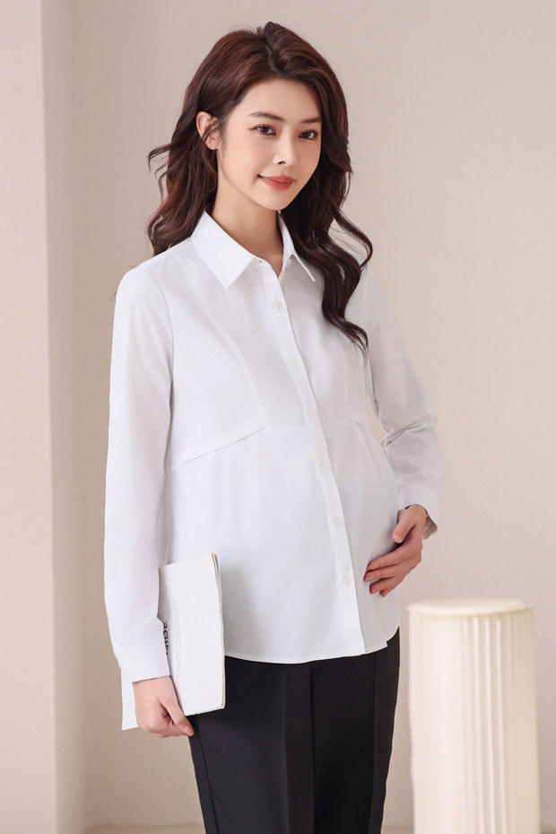 Maternity Professional Shirt, Loose-Fitting Workwear, Short White Top, Ol Blue Spring and Autumn Long-Sleeve Interview Work Shirt — 8