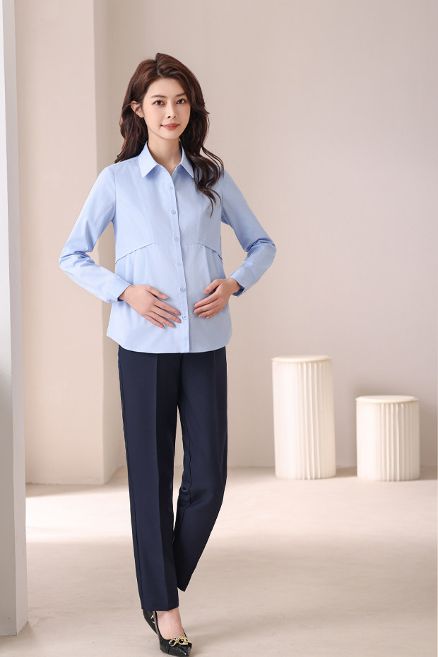 Maternity Professional Shirt, Loose-Fitting Workwear, Short White Top, Ol Blue Spring and Autumn Long-Sleeve Interview Work Shirt — 12