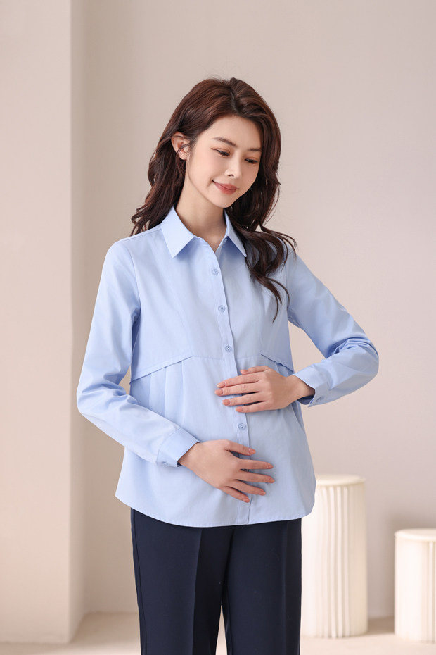 Maternity Professional Shirt, Loose-Fitting Workwear, Short White Top, Ol Blue Spring and Autumn Long-Sleeve Interview Work Shirt — 14