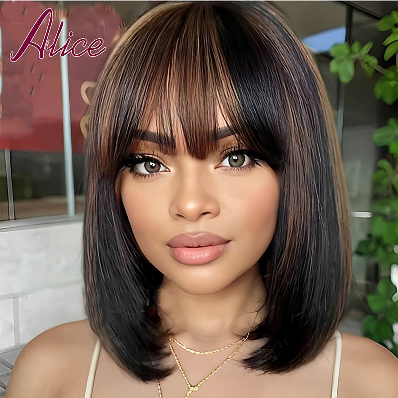 Alice Bob Human Hair Highlight Wigs Bangs Wig 250% Density