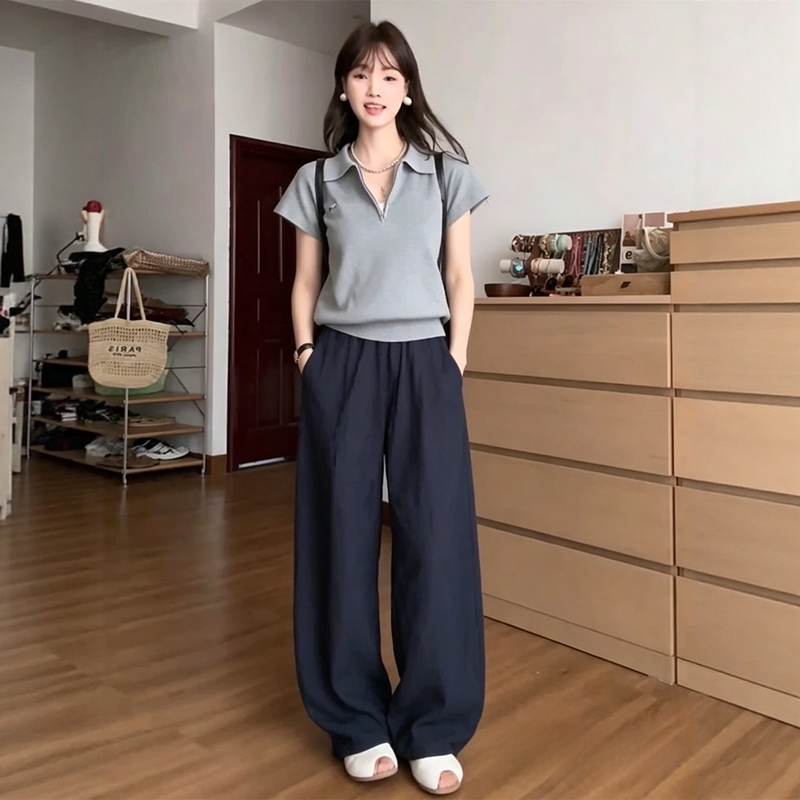 Korean Chic Gray Sports Suit for Women, Summer Loose Slimming Look Polo Shirt, Short-Sleeved Wide-Leg Pants, Casual Two-Piece Set
