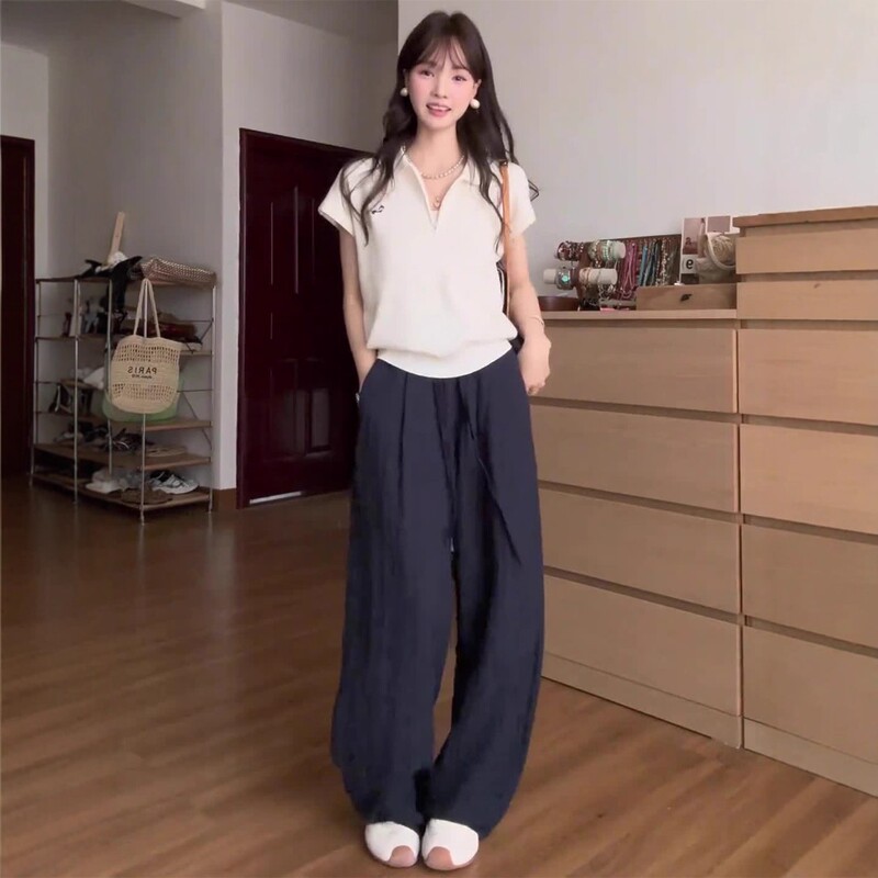 Korean Chic Sports Suit for Women, Summer Loose Fit, Slimming, Fashionable Polo Collar Short-Sleeve Wide-Leg Pants Casual Two-Piece Set