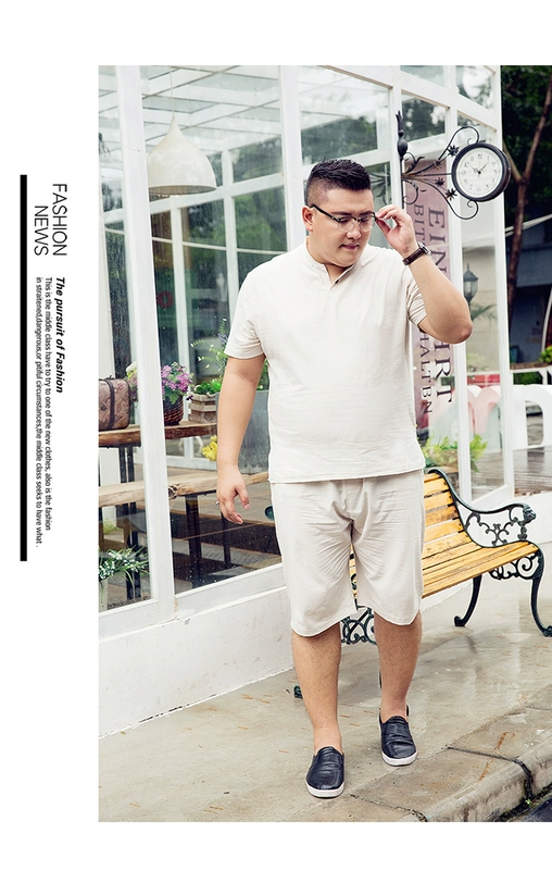 Thể thao phù hợp với nam kích thước lớn chất béo linen cộng với phân bón tăng t-shirt casual loose quần short cotton mùa hè hai mảnh