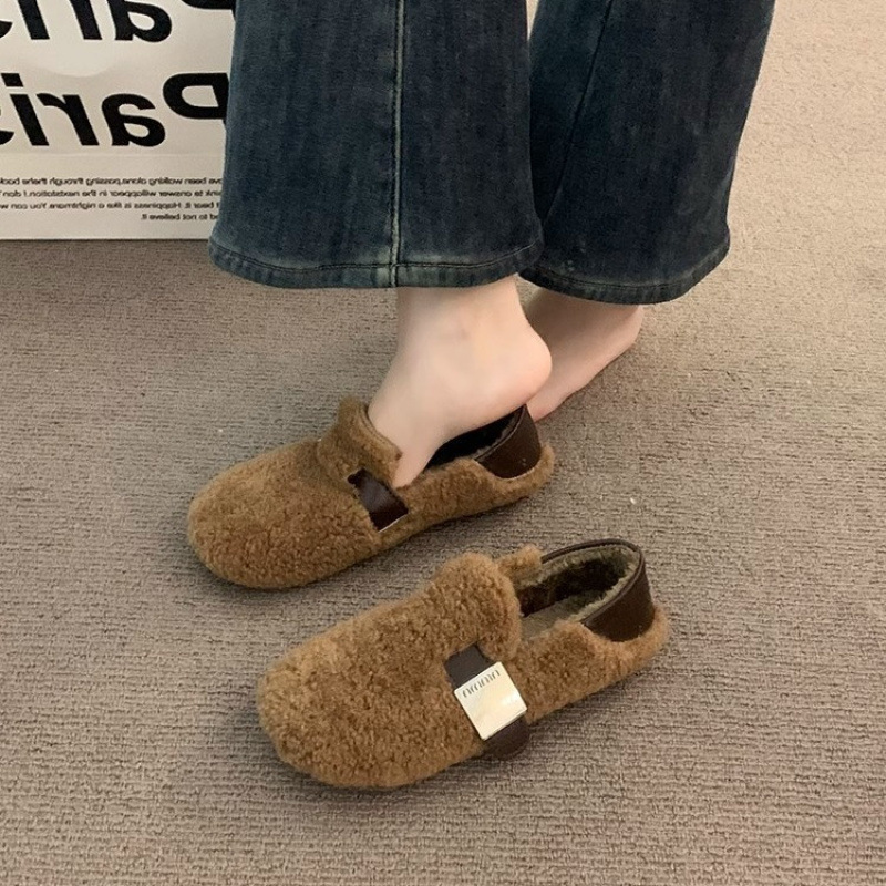 Women's Furry Shoes for Outdoor Wear in Winter, Dual-Wear Plush Loafers, Mary Jane Shoes, Soft and Fluffy Cotton Slippers