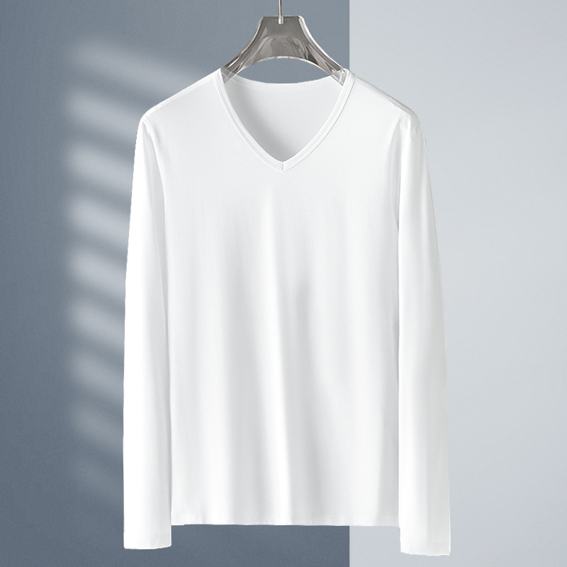 Modal Long-Sleeve T-Shirt for Men, White Base Shirt, Men's 2026 Spring New Clothing, Spring and Autumn Outerwear, V-Neck Top