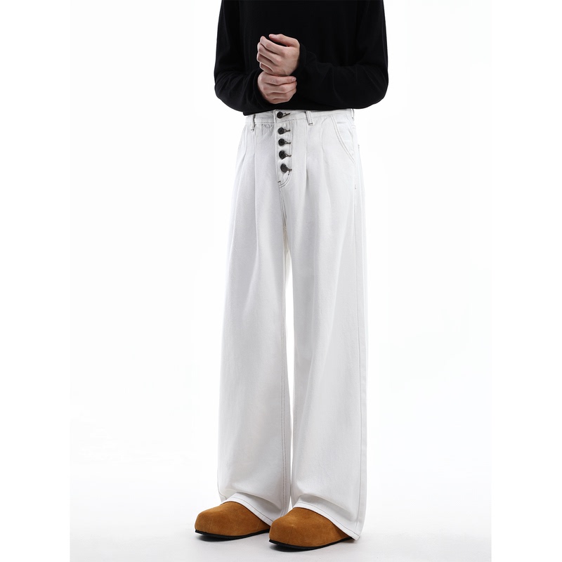 Lhhomme White Pure Cotton Five-Button Jeans with Wide Legs, Versatile Casual Floor-Length Pants with a Design That Covers the Body