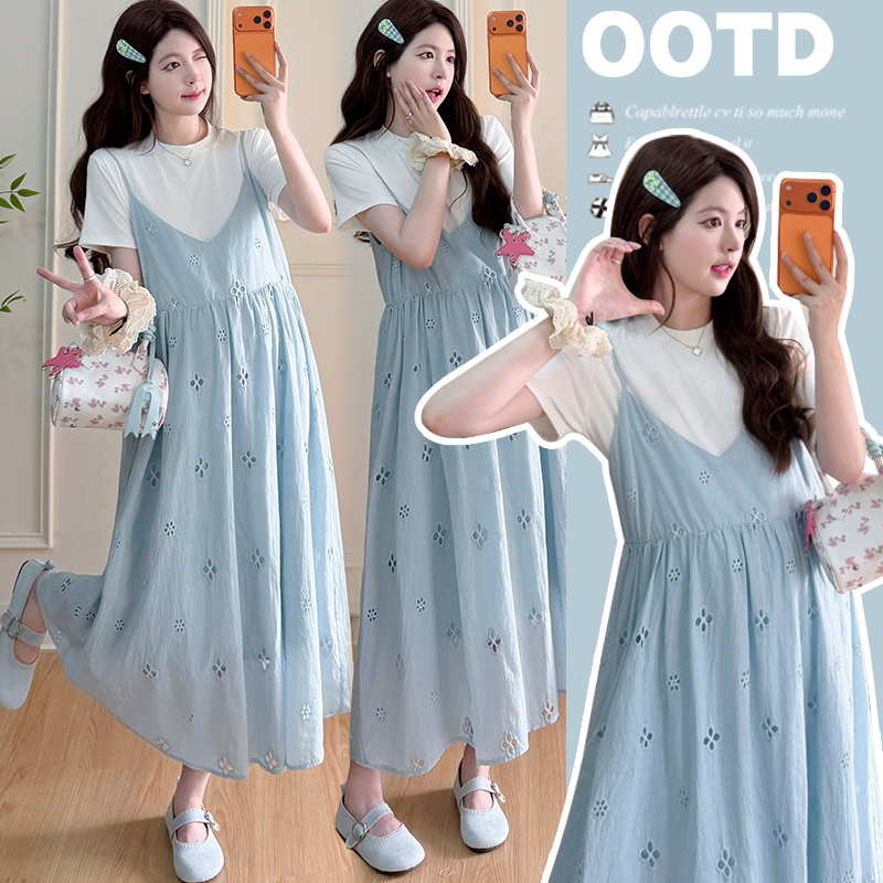 Maternity Wear 2026 Summer New Style French Cut Out Embroidered Fresh Style Plus Size Maternity Dress + Short-Sleeved Top