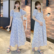 Senior pregnant women dress summer fashion square collar sweet floral skirt summer maternity dress Net red spicy mother long skirt