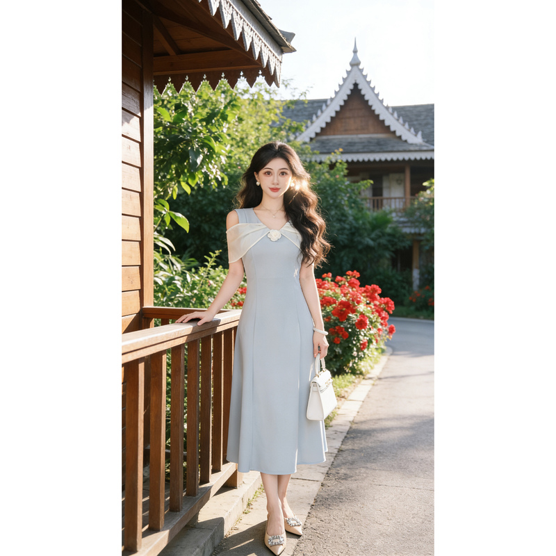 Pj【Zhang Xiaoxiao】"Blue and White Tea" Dress for Women, Summer Waist-Cinching, Elegant and High-End French-Style Dress D6030 Pj【Zhang Xiaoxiao】"Blue and White Tea" Dress for Women, Summer Waist-Cinching, Elegant and High-End French-Style Dress D6030
