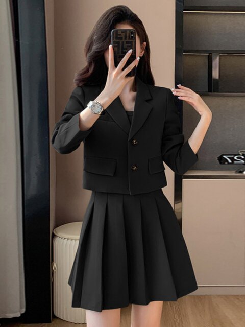 2026 Spring New Women's Short Blazer Two-Piece Set with Lining, Petite Casual Academy Style Dress 2233