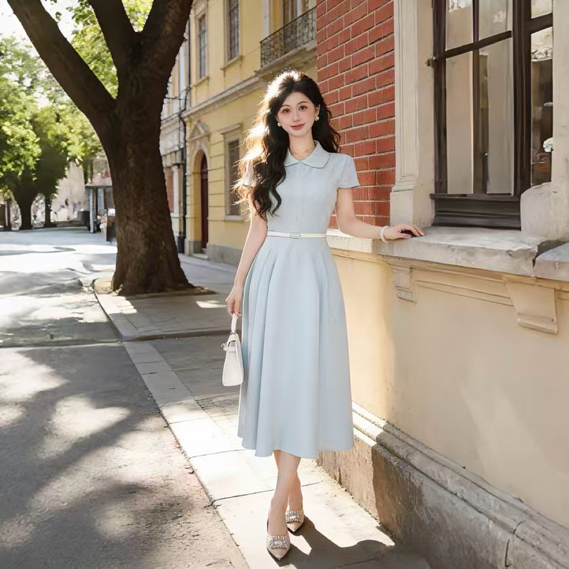 [Zhang Xiaoxiao] "Tiffany Blues" [Blue Long] [with Belt] Short-Sleeved Dress D5456