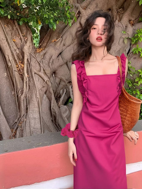 Dragon Fruit Color Sleeveless Suspender Dress 2026 Spring New Style French Square Collar Slimming A-Line Dress 1455