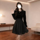 2026 Spring New Style Women's French-Style Waist-Cinching Slimming Round-Neck Long-Sleeved Dress Black Elegant Ladylike Style D4136