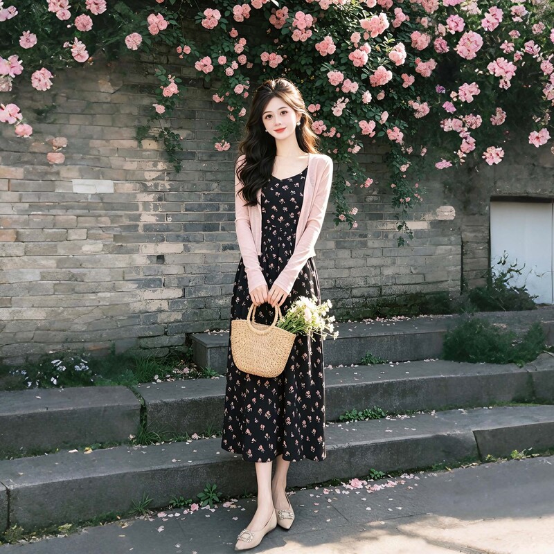 [Zhang Xiaoxiao] "Flowers Know Dreams" [Two-Piece Set] Elegant Floral Cardigan Dress Set D7425