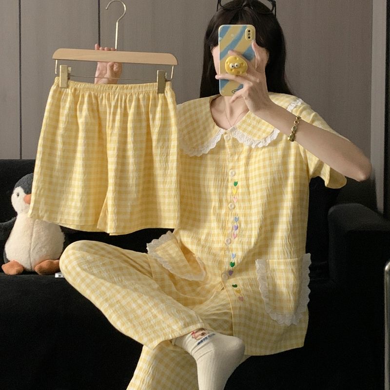 Plus Size Loungewear for Women 2025 New Summer Short-Sleeved Plaid Princess Style Cloud Cotton Pajamas Three-Piece Set for Spring and Autumn