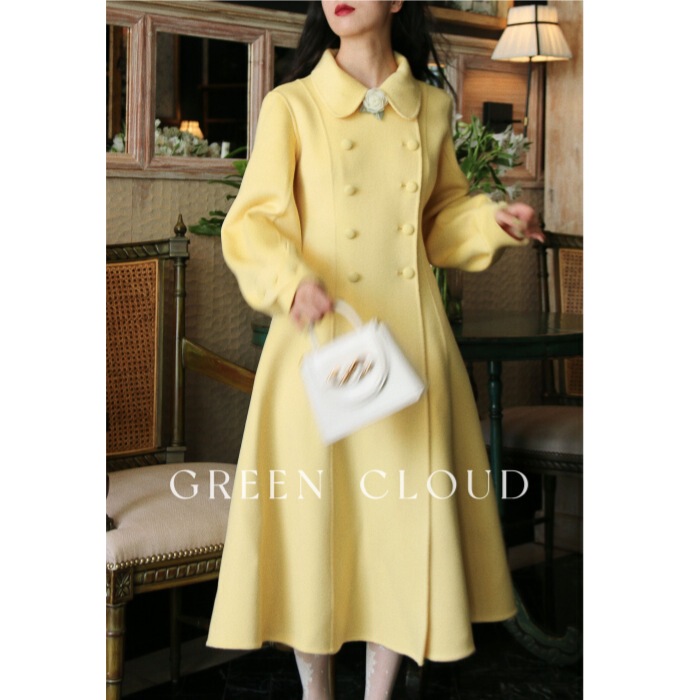 Green Cloud Cream Puff Romantic Retro Lapel Double-Breasted Lantern Sleeve Cream Yellow Double-Sided Wool Coat