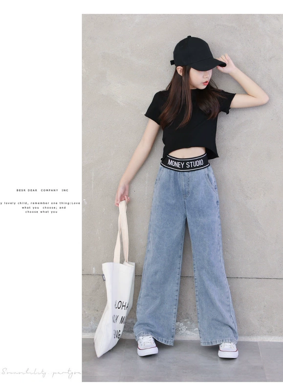 Quần dài cho bé gái, quần áo mùa hè, denim mỏng, quần ống rộng - Quần jean