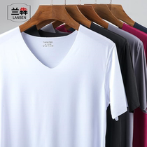 Lanben unscented thin short sleeve T-shirt underwear stretch mens V-collar tight cold soil slippery fabric pure black body