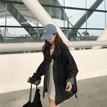  Black denim jacket female oversize Korean loose bf style student Harajuku mid-length Hong Kong style all-match spring and autumn