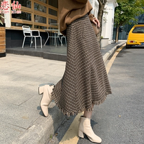 Vintage Chiroe skirt womens autumn and winter New Plaid tassel A- line dress medium long high waisted woolen dress