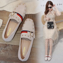 Hong Kong 2022 spring new wave shoes white genuine leather flat bottom single shoe woman square head 100 lap late night net red bean-bean shoes