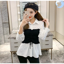  Autumn new 2019 Korean version of the waist is thin and wild shirt female student long sleeve doll collar fake two-piece top