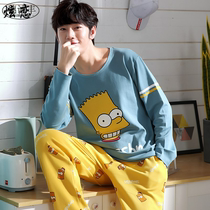  Mens pajamas long sleeves cute spring and autumn teen student cartoon autumn and winter Korean version of the big child home clothing set