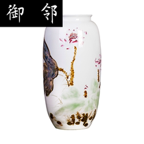 Jingdezhen ceramic hand-painted lotus painting and calligraphy cylinder kiln becomes a large vase flower arrangement ornaments Chinese living room floor decoration