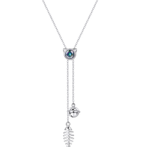 Cute silver kitty fish bone bell necklace necklace woman 2021 new wave light and luxurious and small crowd design feel adjustable sweater chain