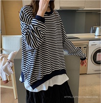 2020 pregnant women Spring size plus fat MM fake two-piece sweater long sleeve round neck top casual coat tide