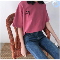  2020 spring and summer Korean edition short-sleeved T-shirt womens solid color cat print student top loose and wild base shirt