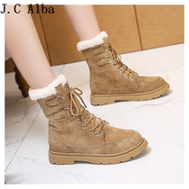 European station 2022 new winter snow boots womens mid-tube Korean fashion plus velvet thickened cotton shoes thick-soled Martin boots